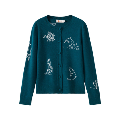 皮皮狗女士圆领绣花羊绒开衫