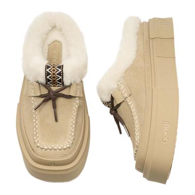 GONGJI厚底包头半拖鞋女冬外穿加绒保暖袋鼠勃肯鞋增高毛毛鞋棉拖