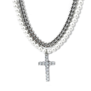 原创双层珍珠叠加古巴项链钛钢十字架吊坠嘻哈男潮流女复古锁骨链