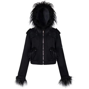 OV原创美式轻亚风毛领连帽加绒卫衣女冬季修身短款开衫保暖外套潮