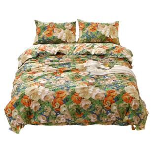 100纯棉被套单件美式田园大花被罩180x200x230全棉床单床笠四件套