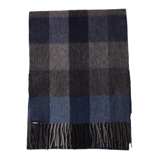 圣雪绒秋冬新款100%山羊绒苏格兰灰蓝黑格纹流苏围巾