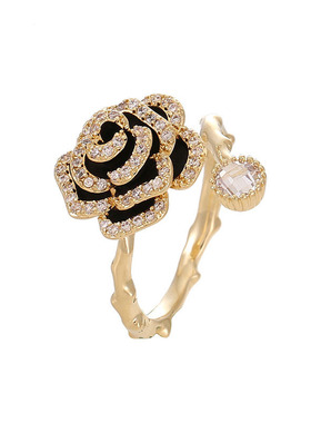 黑金色山茶花朵轻奢开口食指戒女