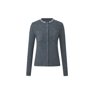 HUI卉绵羊毛暮云灰/墨染色珍珠薄纱领圈圈圈纱长袖拼接针织开衫