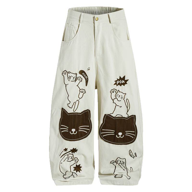 MoCreation 美式卡通风猫咪刺绣阔腿裤女春季宽松显瘦直筒休闲裤