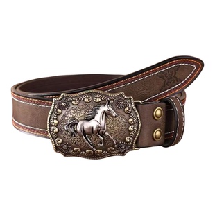 复古风马匹雕花皮带男女通用PU皮革大板扣腰带潮流装饰