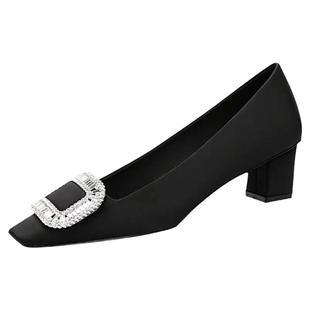 2025开春新款通勤百搭浅口女单鞋rv水钻方扣舒适方头粗跟中跟女鞋