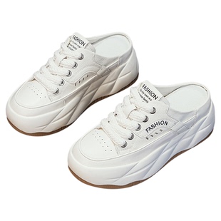 半拖鞋女2026年夏季新款真皮厚底增高百搭包头拖鞋休闲运动小白鞋