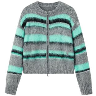 太平鸟绵羊毛混马海毛拉毛纱针织开衫女冬装拉链毛衣外套