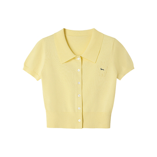 【月兔出逃】Uena奶黄色天使兔字母刺绣短款修身短袖针织翻领T恤