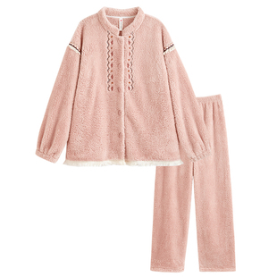 2025新款女士睡衣珊瑚绒秋冬季加绒加厚毛绒甜美粉色中国风家居服