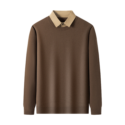 猫人100%纯羊毛假两件男士针织衫2025秋冬新款保暖翻领内穿毛衣厚