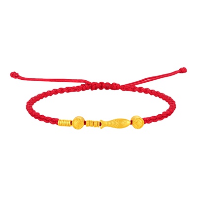 潮宏基好事发生小黄鱼黄金手链5D硬金足金手绳转运串珠红绳女新年