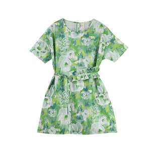 蔡爸爸原创童装小清新夏装碎花裙子 女大童少女全棉绿色连衣裙611