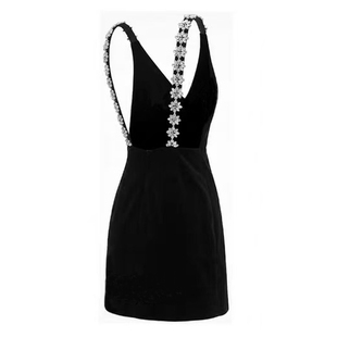 【封神小黑裙】手工高定款重工钉钻露背连衣裙千金风吊带小黑裙女