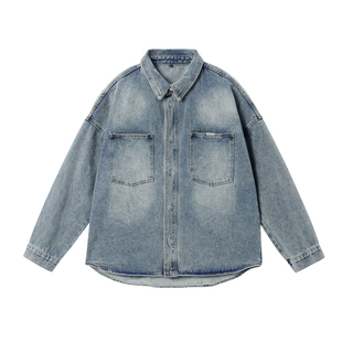 JHYQ美式复古水洗做旧牛仔衬衫外套男潮牌宽松休闲撞色夹克上衣