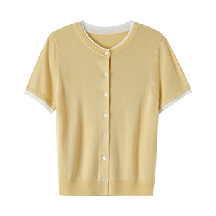 软糯亲肤天丝莱赛尔撞色假两件针织开衫女短袖圆领纽扣女上衣