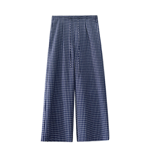 美式复古蓝色格子裤女2026夏季新款慵懒感薄款直筒阔腿裤休闲裤子