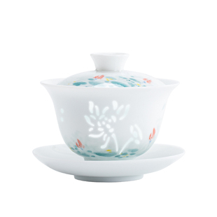 南山先生手绘玉荷三才盖碗玲珑家用不烫手泡茶碗小号高档功夫茶具