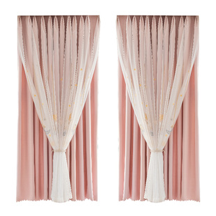 儿童房飘窗女孩卡通窗帘粉色卧室遮光双层带纱公主风少女布纱一体