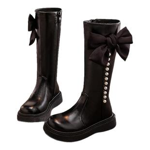 真皮女童鞋儿童公主高筒靴2025秋冬新款女孩加绒中大童长筒马丁靴