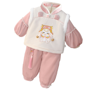 女童冬装套装加绒加厚儿童公主汉服宝宝周岁礼服唐装拜年服两件套