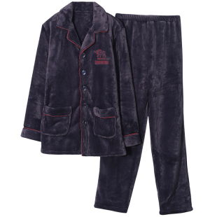 爸爸秋冬季男士法兰绒睡衣中年父亲冬天加厚珊瑚绒保暖家居服套装
