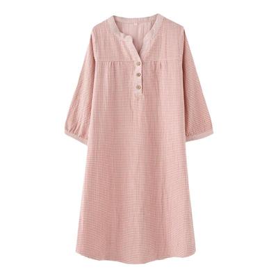 纯棉纱布春秋季日系格子长袖睡裙