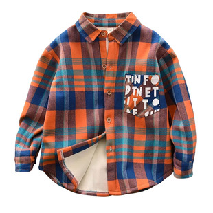男童格子衬衫秋冬款中大童一体绒印花长袖上衣潮加绒加厚儿童开衫