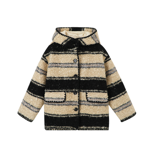 布丁哈鲁冬装童装女童洋气2026秋冬新款儿童百搭条纹绒连帽外套