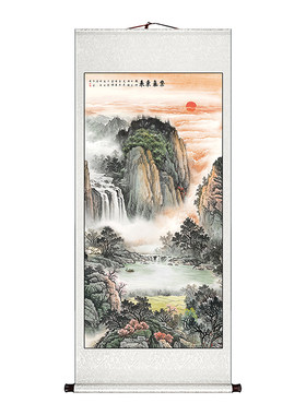 紫气东来山水画卷轴挂画新中式玄关装饰画入户正对门竖版挂轴壁画