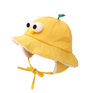 婴儿宝宝帽子男女童可爱秋冬加绒护耳豆芽渔夫帽儿童灯芯绒小黄帽