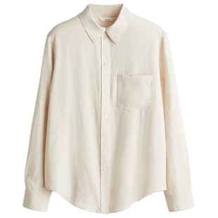 HM女装春季休闲翻折领松驰感亚麻混纺衬衫休闲舒适上衣1213682