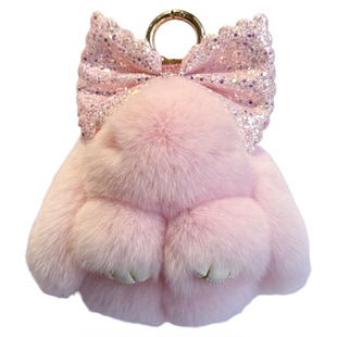 真獭兔毛可爱公仔小兔子蝴蝶结汽车钥匙扣挂件包包毛绒装死挂饰兔