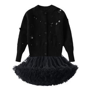 女童秋冬凸凸裙套装女宝宝手工缝珠开衫超蓬凸凸裙高级气质两件套