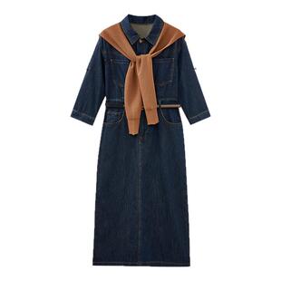 水云间复古风蓝色牛仔连衣裙女中长款收腰显瘦裙子通勤2025秋季款