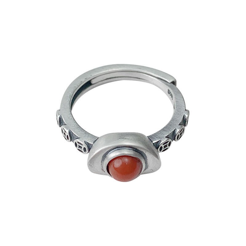 红玛瑙铜钱小元宝泰银戒指女原创设计活口复古中国风个性饰品指环