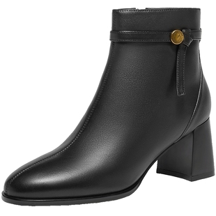 百丽女靴子超软羊皮时装靴新款瘦瘦靴加绒保暖高跟短靴B9C1DDD4