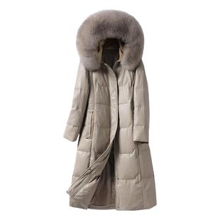 皮羽绒服女中长款连帽狐狸毛领90白鸭绒海宁真皮2025新款绵羊皮衣