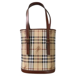 中古水桶包单肩女vintage复古牛皮休闲格纹包手提古着战马托特包