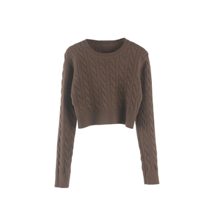 高腰超短款麻花毛衣2025秋季新款复古圆领宽松套头针织衫长袖上衣