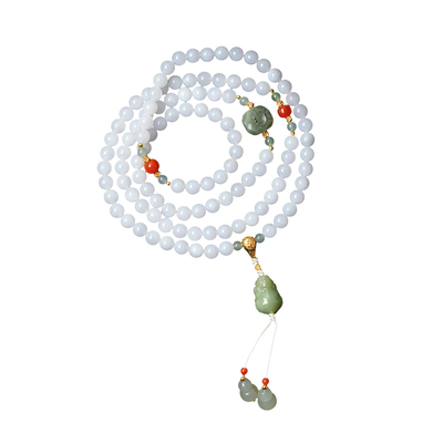 天然和田玉老料白玉圆珠多圈手链搭配青玉貔貅配件原创款手链女款