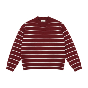 红色圆领条纹本命年红毛衣春季新款宽松保暖套头针织衫长袖内搭男