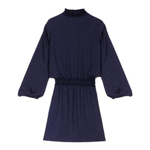 Maje Outlets秋冬女装性感修身深蓝色花边高领长袖短款收腰连衣裙