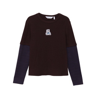 MOVEUP幻走2025冬季新款.FUN系列圆领绣花章仔撞色条纹短款T恤女