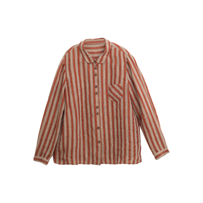 忘城N894座/认真的感受/秋冬新款14支高密色织亚麻红条纹复古衬衫