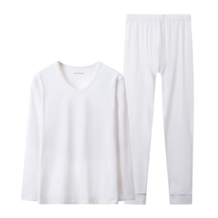 schiesser舒雅秋衣秋裤男士薄款透气纯色棉质V领打底保暖内衣套装