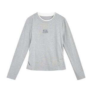 紫涵假两件白色圆领长袖T恤女春秋新款修身显瘦印花正肩打底上衣