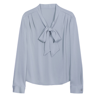 百家好泽芳蓝色衬衫女法式缎面飘带上衣职业高级感轻奢气质通勤