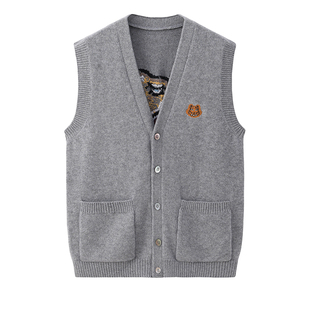 阿绒源羊绒绣花男开背22新品V领手绣本命年虎带兜外搭马甲毛坎肩